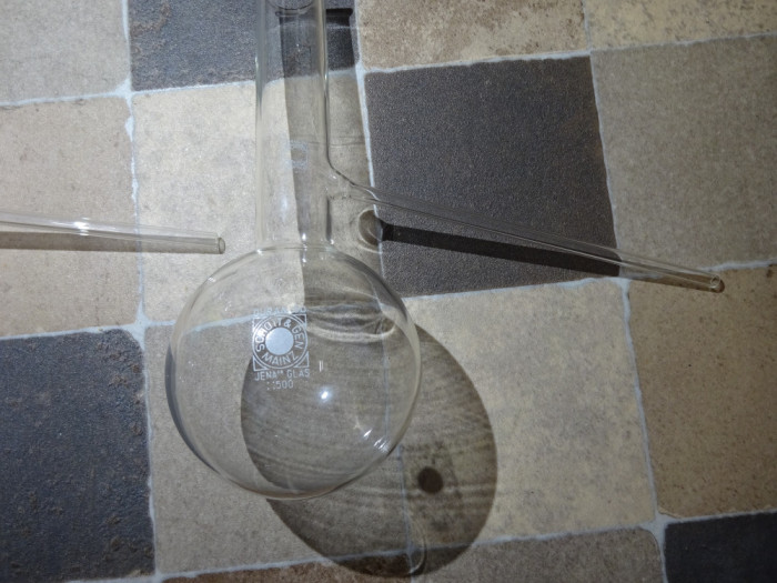 Balon distilare cu tub lateral Duran 50 Jena Glas /sticlarie laborator vintage