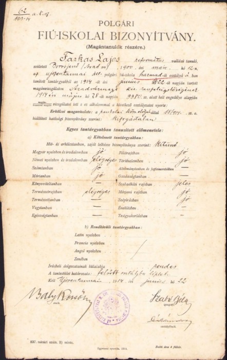 A1823 Certificat școlar, 1914, S&acirc;ntana, județul Arad