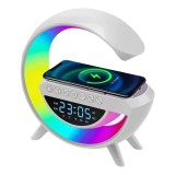 Cumpara ieftin Lampa ambientala LED RGB alba, 24 x 23 x 8 cm, incarcare wireless Qi 15W, difuzor Bluetooth 5W, radio FM, ceas digital, alarma, lumina de veghe cu 7 c