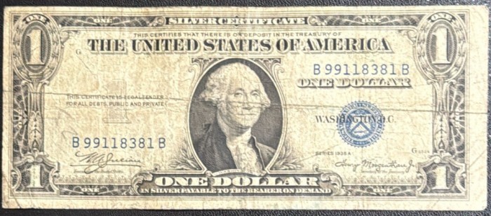 1 DOLLAR 1935 ,,SILVER CERTIFICATE&quot; STATELE UNITE/ SIGILIU ALBASTRU (BLUE SEAL)!