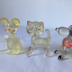 3 figurine vechi vintage Hong Kong , caine, pisica, soarece, plastic transparent