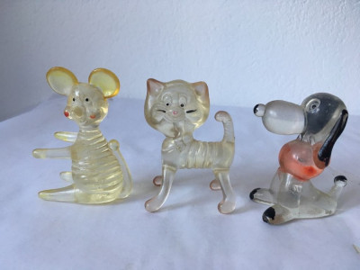 3 figurine vechi vintage Hong Kong , caine, pisica, soarece, plastic transparent foto