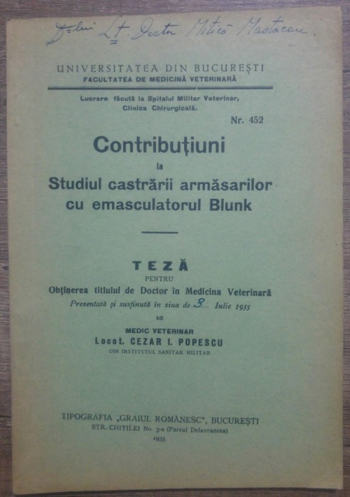 Studiul castrarii armasarilor cu emasculatorul Blunk/ 1935