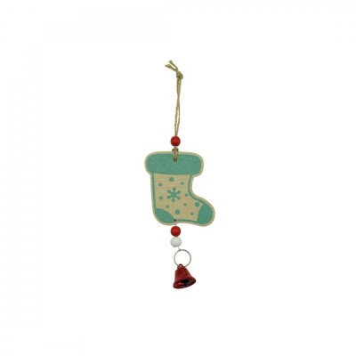 Ornament de brad ciorap cu clopotel, flippy, multicolor, lemn, 17 cm foto