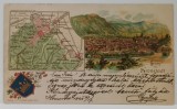 SIBIU , BLAZONUL CU STEMA ORASULUI , PLANUL SI O IMAGINE DE ANSAMBLU , GRAFICA , CROMOLITOGRAFIE , CARTE POSTALA ILUSTRATA , CLASICA , 1899