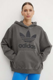 Adidas Originals hanorac de bumbac Washed Trefoil Hoody femei, culoarea gri, cu glugă, cu imprimeu, IN2269