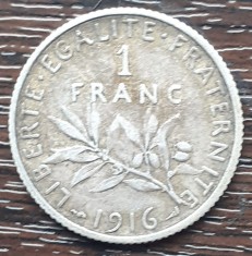 (A958) MONEDA DIN ARGINT FRANTA - 1 FRANC 1916, SEMANATOAREA, 5 GR, PURITATE 835 foto