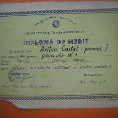 HOPCT DIPLOMA PREMIUL I SCOLAR-1966 -NR 85 RSR MINISTERUL INVATAMINTULUI