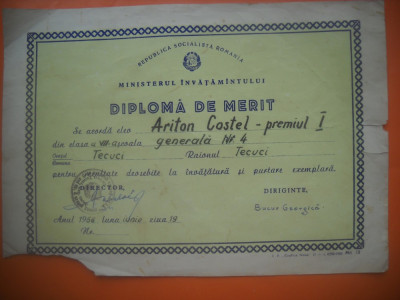 HOPCT DIPLOMA PREMIUL I SCOLAR-1966 -NR 85 RSR MINISTERUL INVATAMINTULUI foto