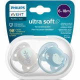 Set 2 suzete Philips-Avent SCF091/15, ultra soft 6-18 luni, Ortodontice, fara BPA, Frunza/Pasare, Philips Avent