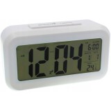 Cumpara ieftin Ceas digital de masa cu alarma, afisaj 12 24h, functie de temperatura si data, senzor de lumina automat, alb , design modern si functional