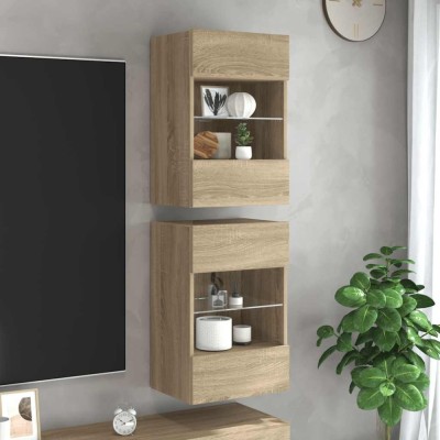 vidaXL Comode de perete cu lumini LED pentru TV, 2 buc. stejar sonoma, 40x30x60,5 cm foto