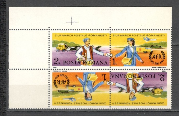 Romania.1988 Ziua marcii postale:cu vigneta-tete beche XR.996