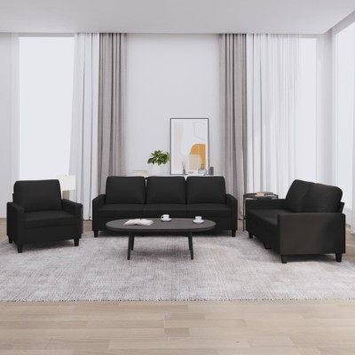vidaXL Set de canapele cu perne, 3 piese, negru, piele ecologică foto