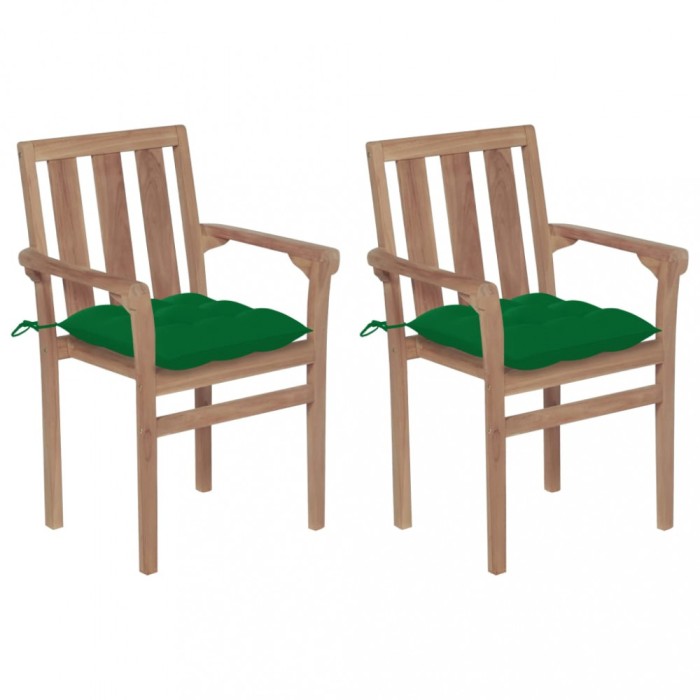 Scaune gradina cu perne verde, 2 buc., verde, lemn masiv tec