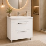 Baza si lavoar ceramic GN0541, mobilier baie 80 cm, 2 sertare front MDF, glisiere soft close, picioare cromate reglabile, alb