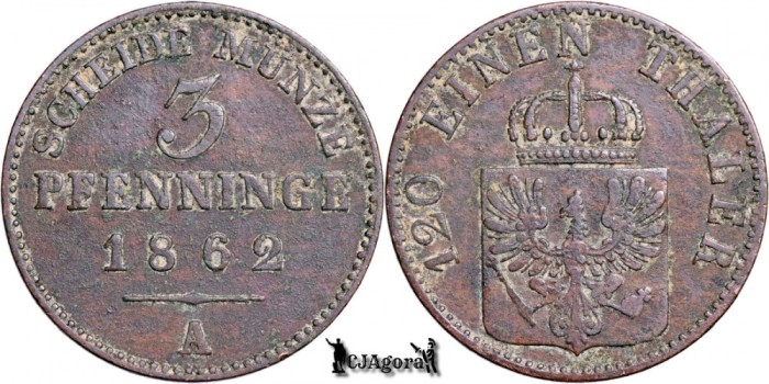 1862 A, 3 Pfenninge - Wilhelm I - Regatul Prusiei