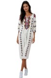 Rochie traditionala dama R25 alb/maro , marimea M, Bumbac