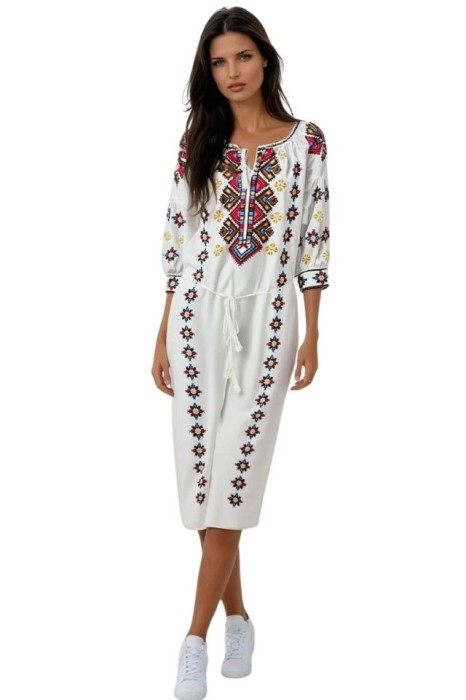 Rochie traditionala dama R25 alb/maro , marimea M