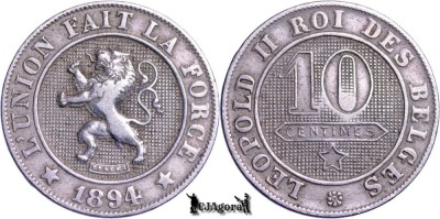 1894, 10 Centimes - Leopold al II-lea - Regatul Belgiei - inscripție franceză foto