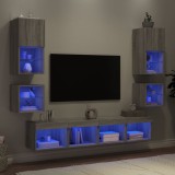 vidaXL Unități de perete TV cu LED-uri, 8 piese, gri sonoma, lemn