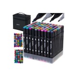 Set 80 markere, 2 capete subtire si gros, cu geanta de depozitare si suport din plastic, multicolore