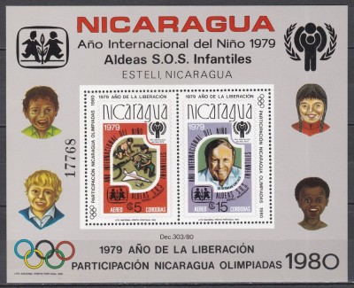 Nicaragua 1980 -Anul Eliberării 1979, Anul Internațional al Copilului și Participarea Nicaraguei la Jocurile Olimpice 1980, Colita, Cota 45 EURO, MNH foto