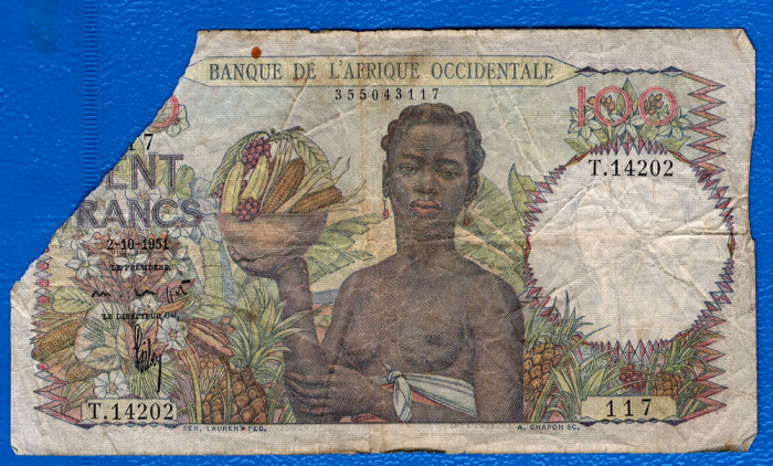 (1) BANCNOTA AFRICA DE VEST FRANCEZA (AFRIQUE OCCIDENTALE) - 100 FRANCS 1951