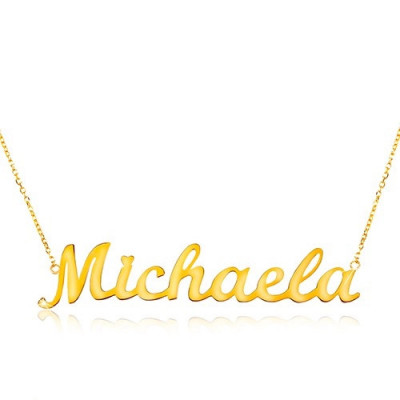 Colier din aur galben de 14K - lanț subțire compus din zale ovale, pandantiv cu numele Michaela foto