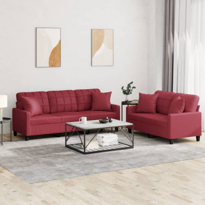 vidaXL Set de canapele cu perne, 2 piese, roșu vin, piele ecologică foto