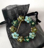 +Saculet organza-Brosa VERDE BLEU VINTAGE flori-placata cu aur alb 18k