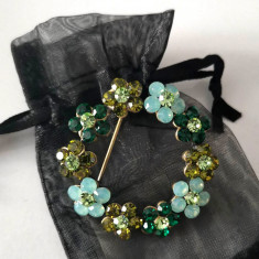 +Saculet organza-Brosa VERDE BLEU VINTAGE flori-placata cu aur alb 18k