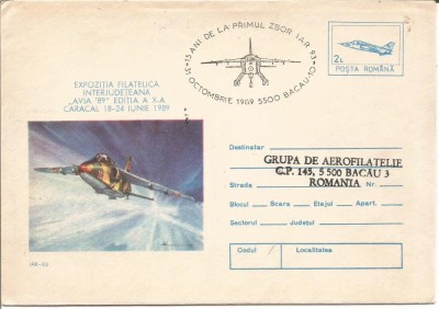 (No2)plic-EXPOZITA FILATELICA INTERJUDETEANA -15 ani de la primul zbor I.A.R.93 -31.octombrie.1989 foto