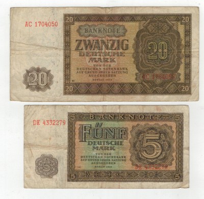 Lot 2 Bancnote Republica Democrata Germana - 5 , 20 Marci 1948 foto