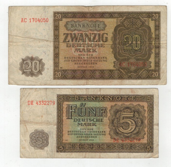 Lot 2 Bancnote Republica Democrata Germana - 5 , 20 Marci 1948