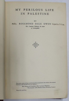 MY PERILOUS LIFE IN PALESTINE by ROSAMOND DALE OWEN , 1928 foto