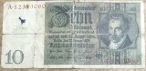 BNKSTR02DE Bancnotă Germania 10 Reichsmark 1929, Serie Roșie, Stare VG (Uzată, Pată de Cerneală, Cute și Margini Tocite)