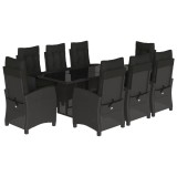 Set mobilier de gradina cu perne, 9 piese, negru, poliratan