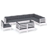 Set mobilier gradina cu perne, 10 piese, alb, lemn masiv de pin