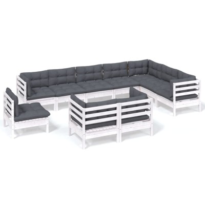 Set mobilier gradina cu perne, 10 piese, alb, lemn masiv de pin foto