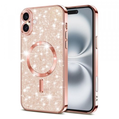Husa MagSafe pentru Apple iPhone 16, Techsuit, Luxury Glitter, Roz Aurie foto