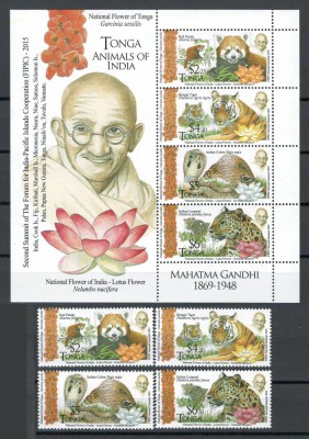 Tonga 2016 Mi 2074/77 + bl 100 - Fauna, flora, Gandhi foto