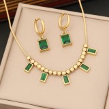 Set Elegant Lănțișor Și Cercei Femei, Placat Aur 14K, Cu Piatre Emerald S98F