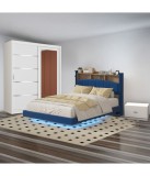 Dormitor Albastru 160x200 cm, Pat Tapitat Catifea cu LED, Dulap 150 cm, Noptiere, Somiera Metalica (Fara Saltea)