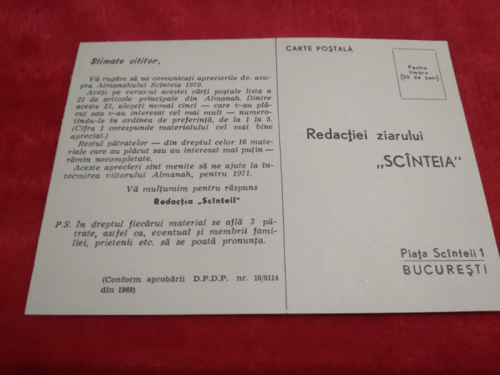 CP/MARCA FIXA REDACTIA ZIARULUI SCANTEIA PT. APRECIERI ALMANAH SCANTEIA 1970