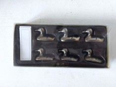 Set 6 suporti de etichete pentru masa, in forma de rata, argintate, vintage, Germania, Art Nouveau, 4x2.5cm bucata