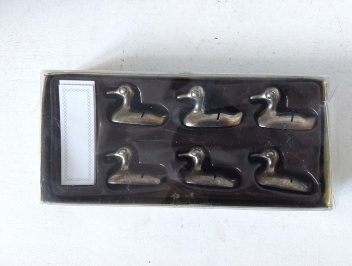 Set 6 suporti de etichete pentru masa, in forma de rata, argintate, vintage, Germania, Art Nouveau, 4x2.5cm bucata