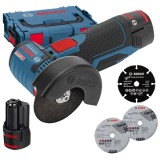 Bosch GWS 12V-76 - Polizor unghiular cu 2 acumulatori Li-Ion 12 V 3 Ah 76 mm valiza speciala accesorii