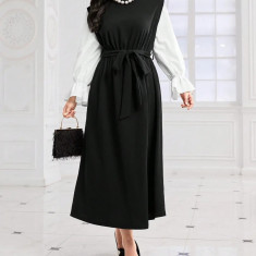 Rochie maxi cu detalii perle si cordon, negru, dama, Shein