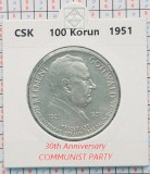 Cehoslovacia 100 korun 1951 argint - Communist Party - km 33 - D25301, Europa